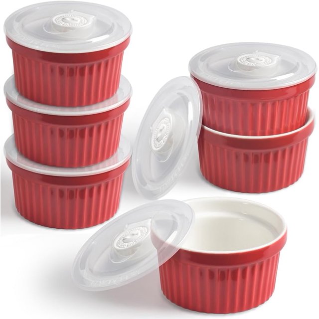 homEdge Ensemble de Ramequins en Porcelaine avec Couvercle, Bol à Crème Glacée de 240 ml / 8 Fl Onces, Tasse Soufflée de Ramequins Brûlés à la Crème pour la Cuisson, Ensemble de 6 Rouge