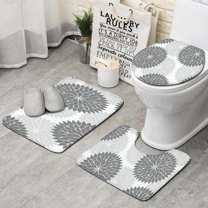 Gray Floral and Petal Pattern Bathroom Rugs Sets 3 Piece,Toilet Cover Set,Absorbent Non Slip Bathroom Mats Sets with U-Shaped Contour Rug Toilet Rug Set