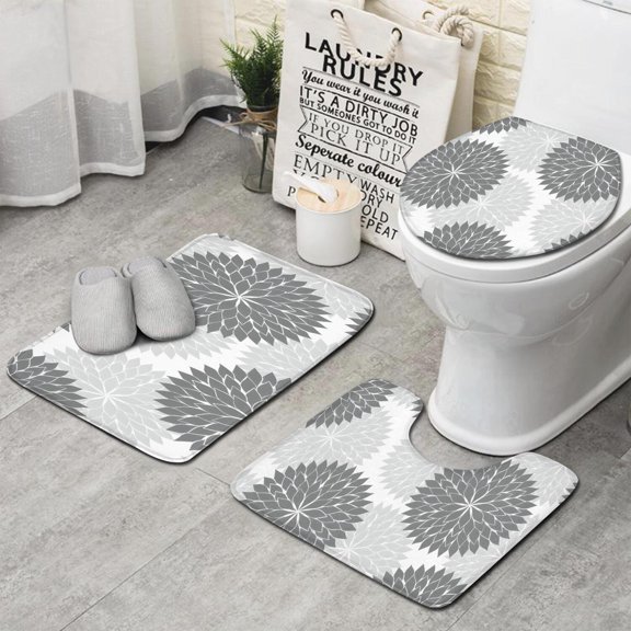Gray Floral and Petal Pattern Bathroom Rugs Sets 3 Piece,Toilet Cover Set,Absorbent Non Slip Bathroom Mats Sets with U-Shaped Contour Rug Toilet Rug Set