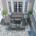 thumbnail image 2 of Gotland 9 Seats Outdoor Metal Patio Furniture Set with 55,000 BTU Gas Fire Pit Table w/Glass Wind Guard Patio Conversation Sectional Sofa Sets-Grey, 2 of 9