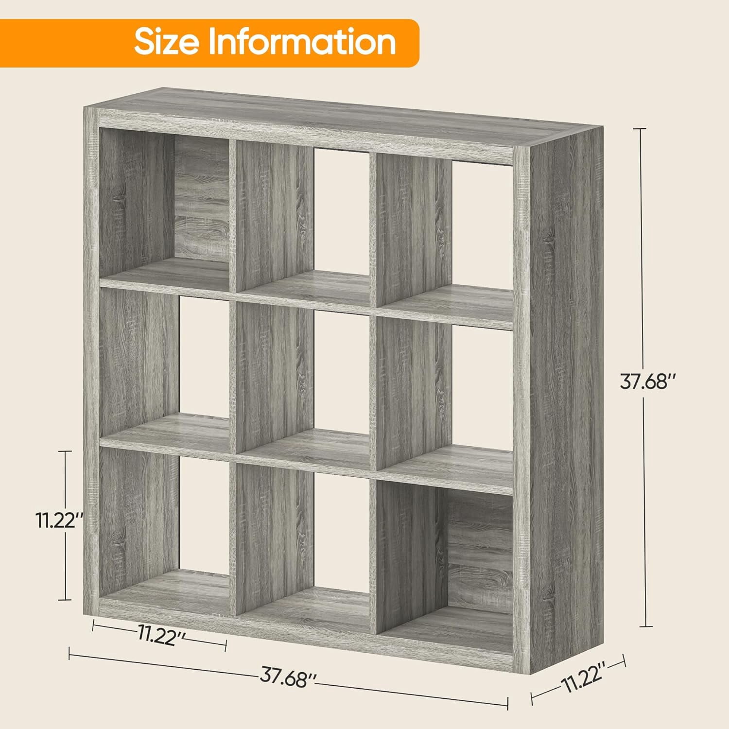 9 Cube Shelf, Closet Storage Organizers, Modern Open Bookcase with Bins, Multifunctional Display Cube Bookshelves for Living Room, Bedroom, Home Office, Gray Oak