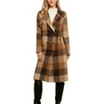thumbnail image 2 of Guzom Womens Brown Plaid Wool Blend Coat - Long Length Double-Breasted Notched Lapel, Warm Tailored Fit for Fall Winter,Size S, 2 of 9