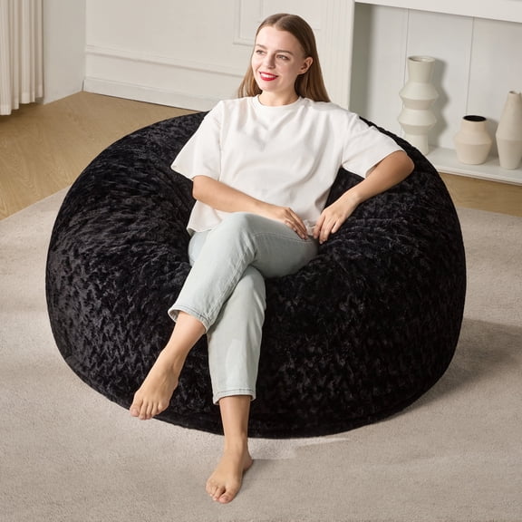 Hobestluk 3ft Bean Bag Chairs for Adults Large Beanbag Chair with Chevron Plush Fur Cover Big Bean Bag Chair for Living Room Bedroom Dorm Office - Black (36” x 36” x 22”)