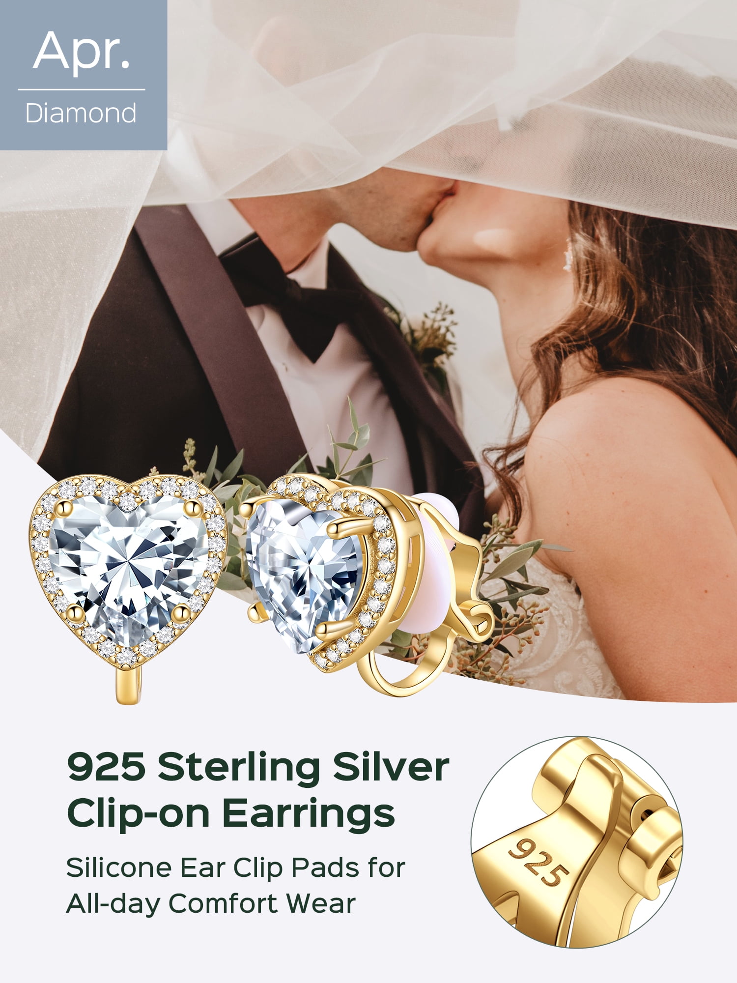 ChicSilver 925 Sterling Silver Non-Pierced Stud Earrings April Birthstone Clip-on Earrings for Women 14K Gold Plated