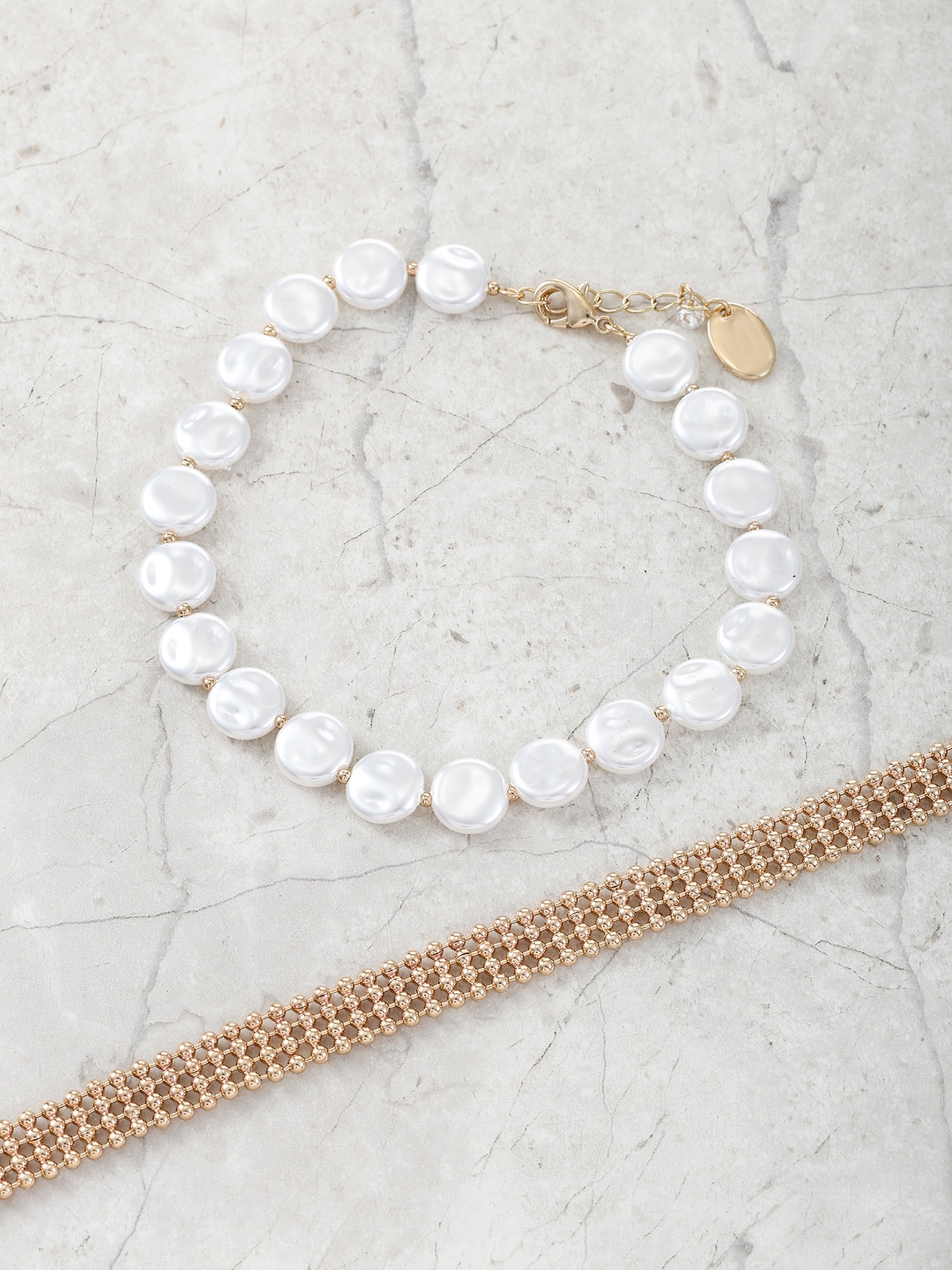 Time and Tru Goldtone Anklet Set, Simulated Freshwater Pearl, 2 Pieces