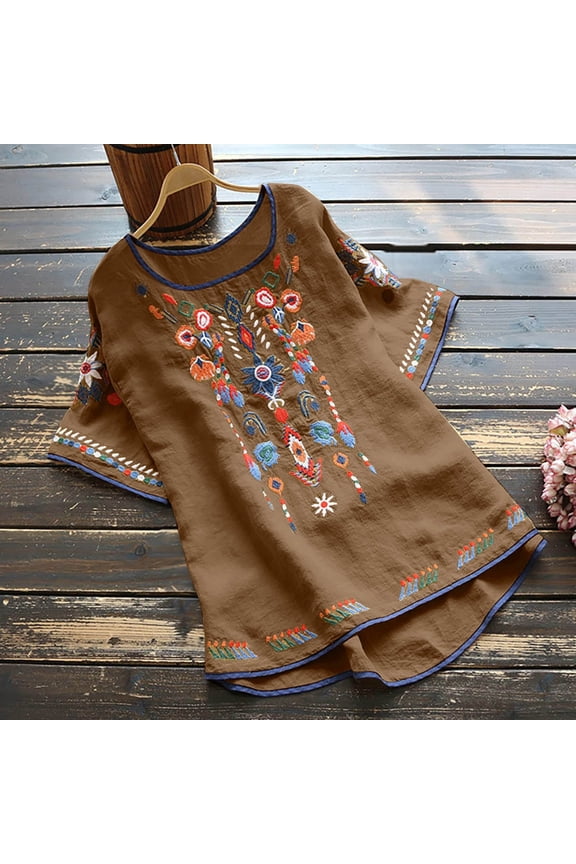 2024 Mexican Shirts Peasant Blouses Cotton Embroidered 3/4 Sleeve Bohemian Tops Boho Clothes for Women Summer Fiesta