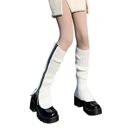 

Baocc accessories Womens Leg Warmers Gothic Punk Ribbed Knitted Leg Warmers Side Zipper Up Solid Color Boot Socks Student Knee High Foot Cover Winter Sock Leg Warmer White