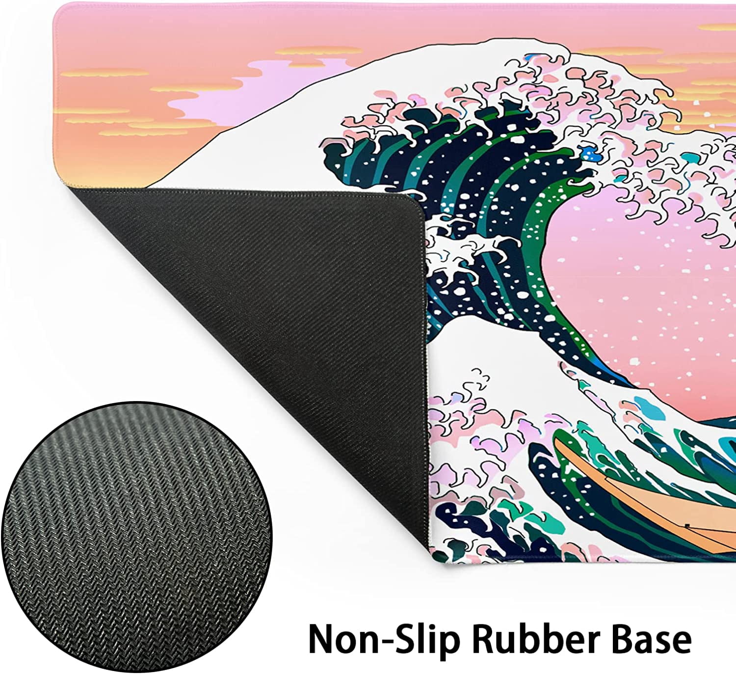 Pink Mouse Pad Japanese Wave Gaming Mousepad XL Anime Sunset Extended Large Desk Cover Big Table Mat Non-Slip Rubber Base Stitched Edge Long Keyboard Playmat for Laptop Gamer Office,31.5×11.8 in