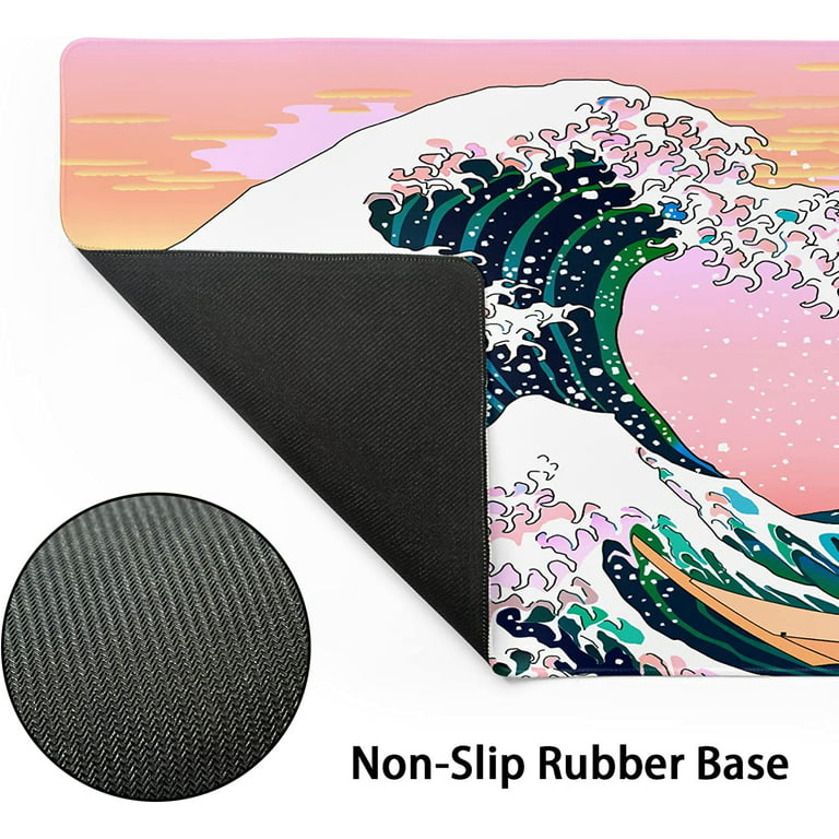 Japanese Wave Gaming Mouse Pad XL Black White Sea Aesthetic Moon Extended  Large Desk Cover Big Table Mat Non-Slip Rubber Base Stitched Edge Long  Mousepad for Deskton Office PC Gamer,31.5×11.8 in 