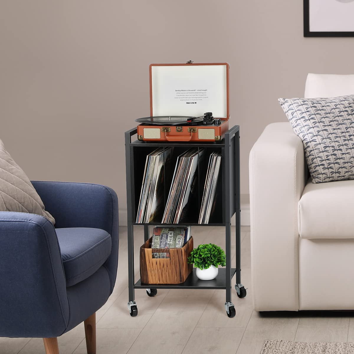 Record Player Stand End Table with Vinyl Record Storage Holder, Black