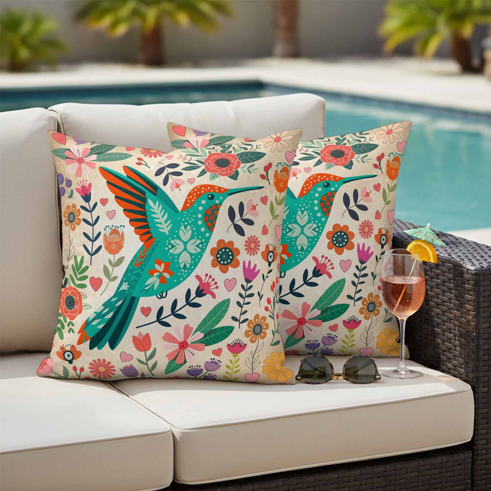 Turquoise Birds Outdoor Waterproof Pillow Covers, Retro Farmhouse Colorful Flowers Herbs Decorative Square Throw Pillowcase Sofa Cushion Sham for Patio/Couch/Chair, 24"x24" 2 Pack
