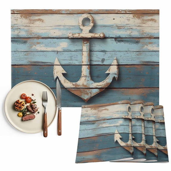 Coastal Nautical Anchor Placemats Set of 6, Vintage Blue Wood Texture Table Mats Washable Heat-Resistant Non-Slip Place Mats for Kitchen Dinner Table Indoor Outdoor Decor,13x19 Inch