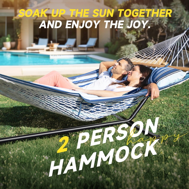 MIHOVER Heavy Duty Double Hammock with Stand - 500 lbs Capacity, Easy Setup & Detachable Pillow for Indoor/Outdoor Relaxation