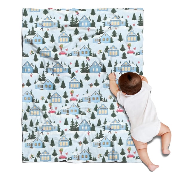 Light Blue Christmas House and Tree Pattern Blanket,Comfortable Soft Flannel Throw Blanket,All Season,Warm Lightweight Blankets for Sofa Bed Couch Living Room Chair,30"x40"