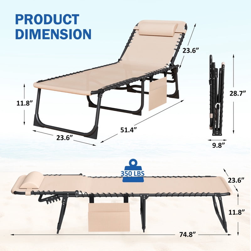 Vineego Folding Chaise Lounge Chair with Face Hole for Tanning, 5-Position Adjustable Textilene Outdoor Sunbathing Chair, Face Down Patio Pool Lounge Chair with Side Pocket & Pillow, Beige