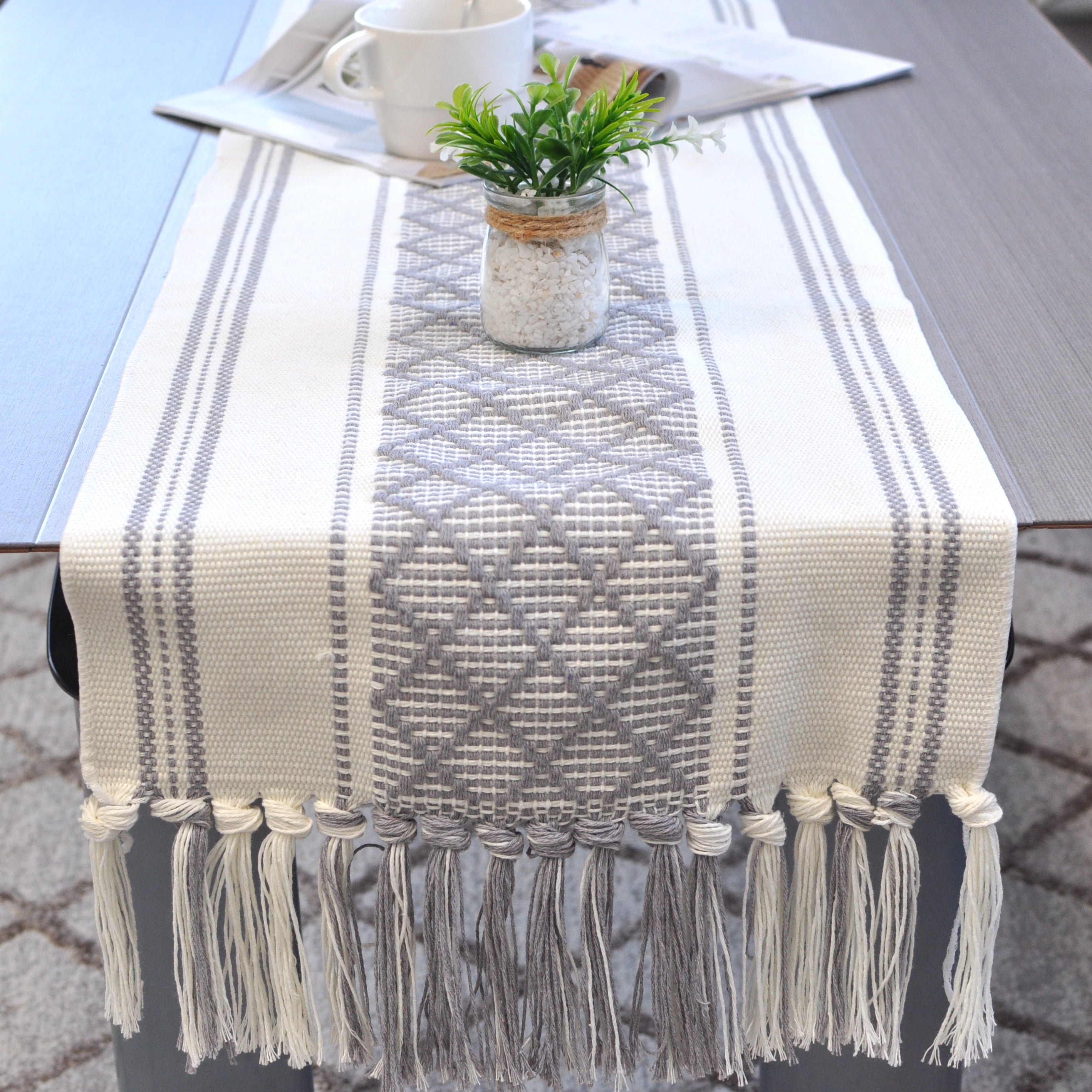 Small Coffee Table Runner with Tassels 14x48 Inches, Grey & Off White