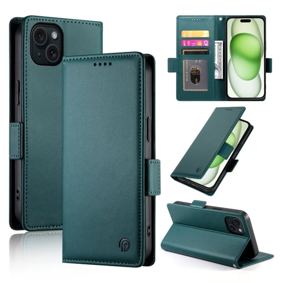 For iPhone 15 Wallet Case Flip Card Holder ,PU Leather Side Buckle Magnetic Frosted Women Men Cover,Dark green,For iPhone 15