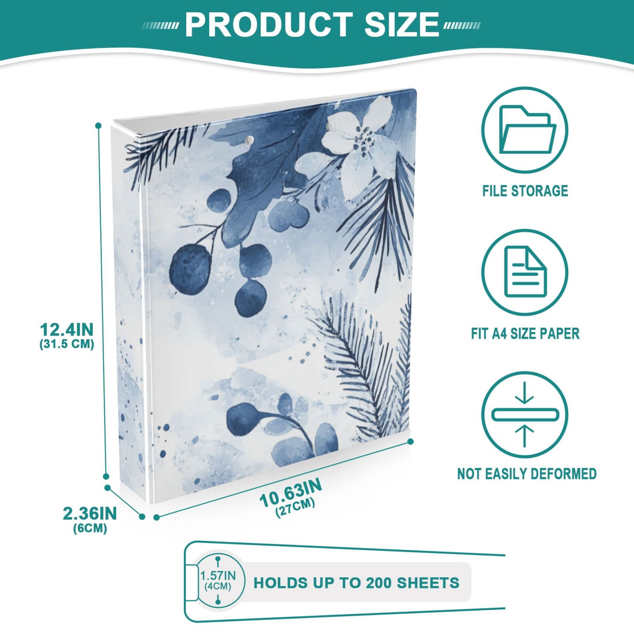 Winter Flowers Floral 3 Ring Binders 1.5 inch Hardcover File Folders with Interior Pockets A4 Size Organizer for School Office Hospital
