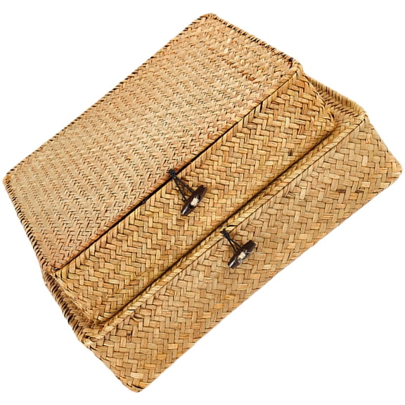 Yardwe 2-Pack Rattan Storage Baskets with Lids, Seagrass Woven Organizer Bins for Home, Office, and Gift for Friends
