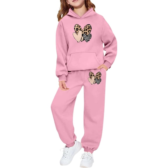 oqasdz Valentine's Day Girls Sweatsuit Long Sleeve Hoodie Sweatshirts And Jogger Pants With Leopard Print Heart Cozy 2 Piece Outfit For Toddler And Kids