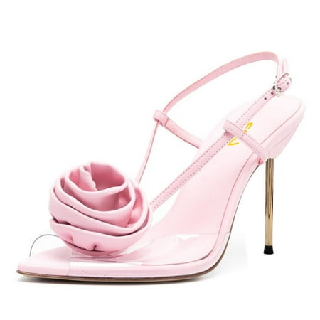 

FSJ Women Graceful Clear Floral Peep Toe Sandals Stiletto High Heel Buckle Strappy Slingback Pumps Dating Party Wedding Dress Shoes Size 9.5 Pink