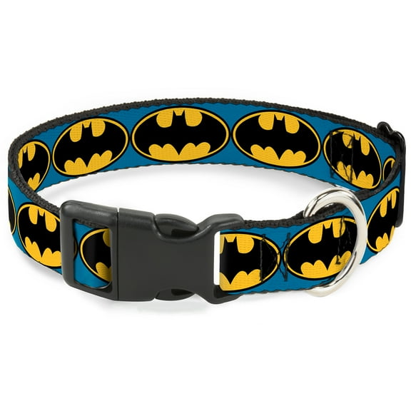 DC Comics Pet Collar, Dog Collar Plastic Buckle, Bat Signal Blue Black Yellow, 8.5 to 12 Inches 0.5 Inch Wide