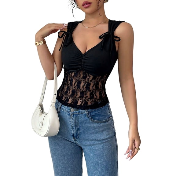 Lace Tops for Women V Neck Camisole Top Sleeveless Crop Y2k Tank Going Out Outfits Trendy Black L