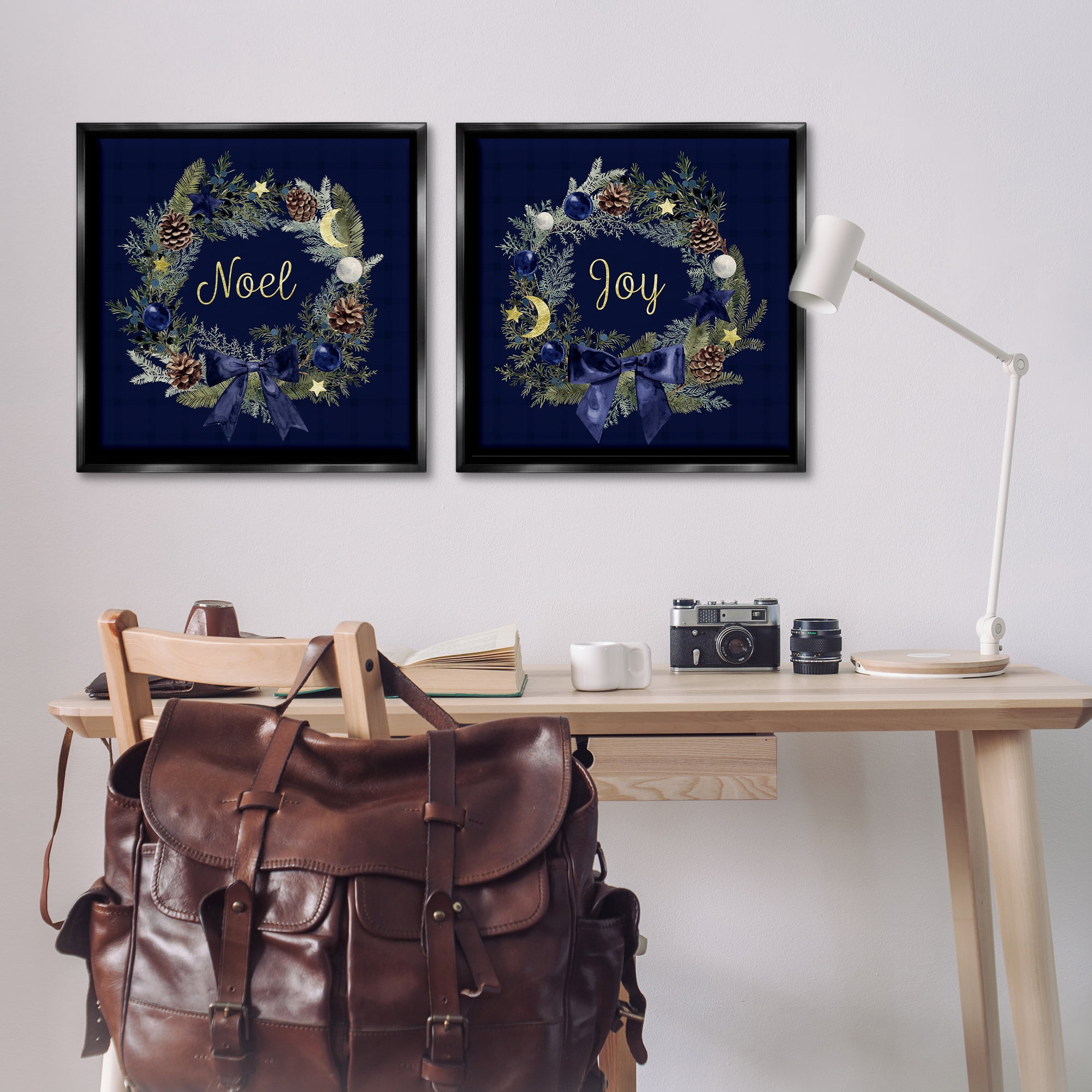 Stupell Industries Noel Joy Balsam Wreath Pinecones Holiday Painting Black Floater Framed Canvas Art Prints Wall Art, 25 x 25, Set of 2