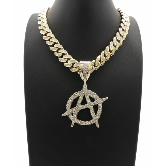 Hip Hop Style Jewelry ANARCHY Charm Pendant 13mm 20" Box Lock Miami Cuban Chain Bling Gold Plated Necklace