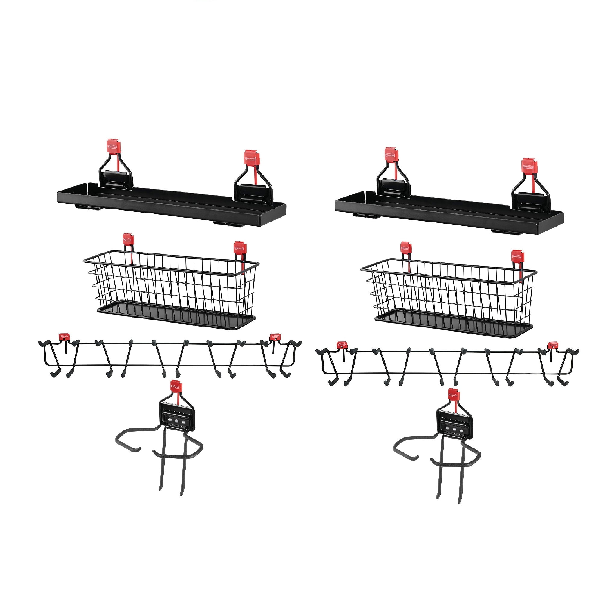 Rubbermaid Shed Shelf, Wire Basket, 34? Tool Rack, & Power Tool Holder