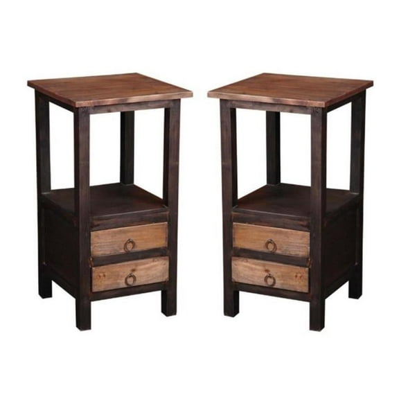 Home Square 2-Drawer Wood End Table in Distressed Black and Brown - Set of 2