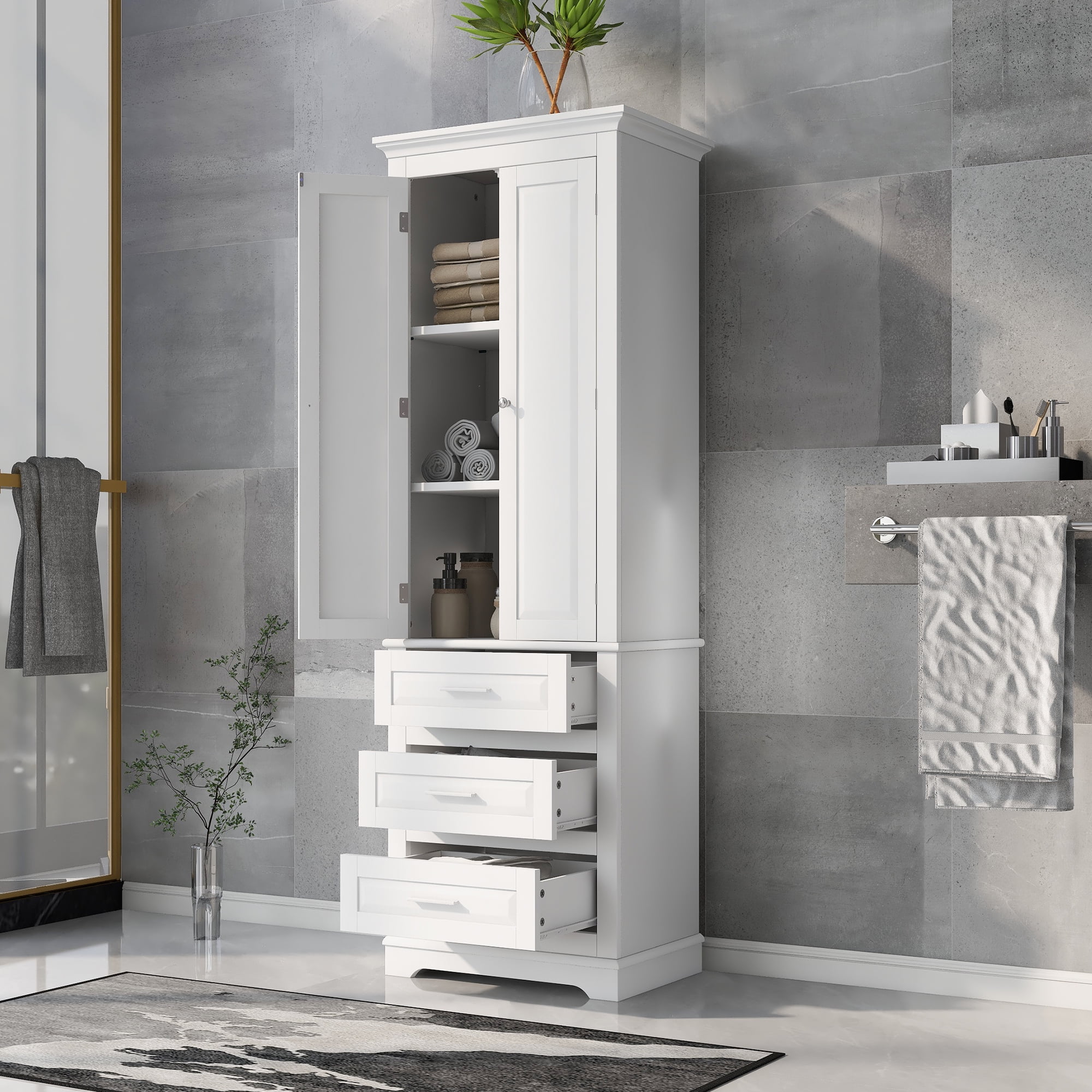 Harper & Bright Designs Tall Bathroom Storage Cabinet with Drawers and Doors, Modern Bathroom Floor Storage Cabinet with Shelf, White