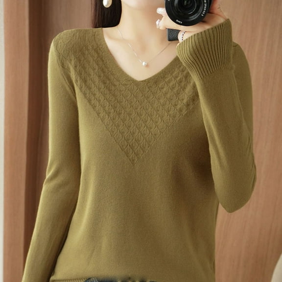 Juslio Womens Sweaters Pullovers Womens Tops Solid V Neck Long Sleeve Knit Army Green