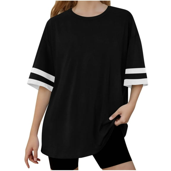 Efsteb Girls Oversized T Shirts Summer Striped Short Sleeve Tops Casual Crewneck Loose Tshirt Tunic Shirt (Black,4-5 Years)
