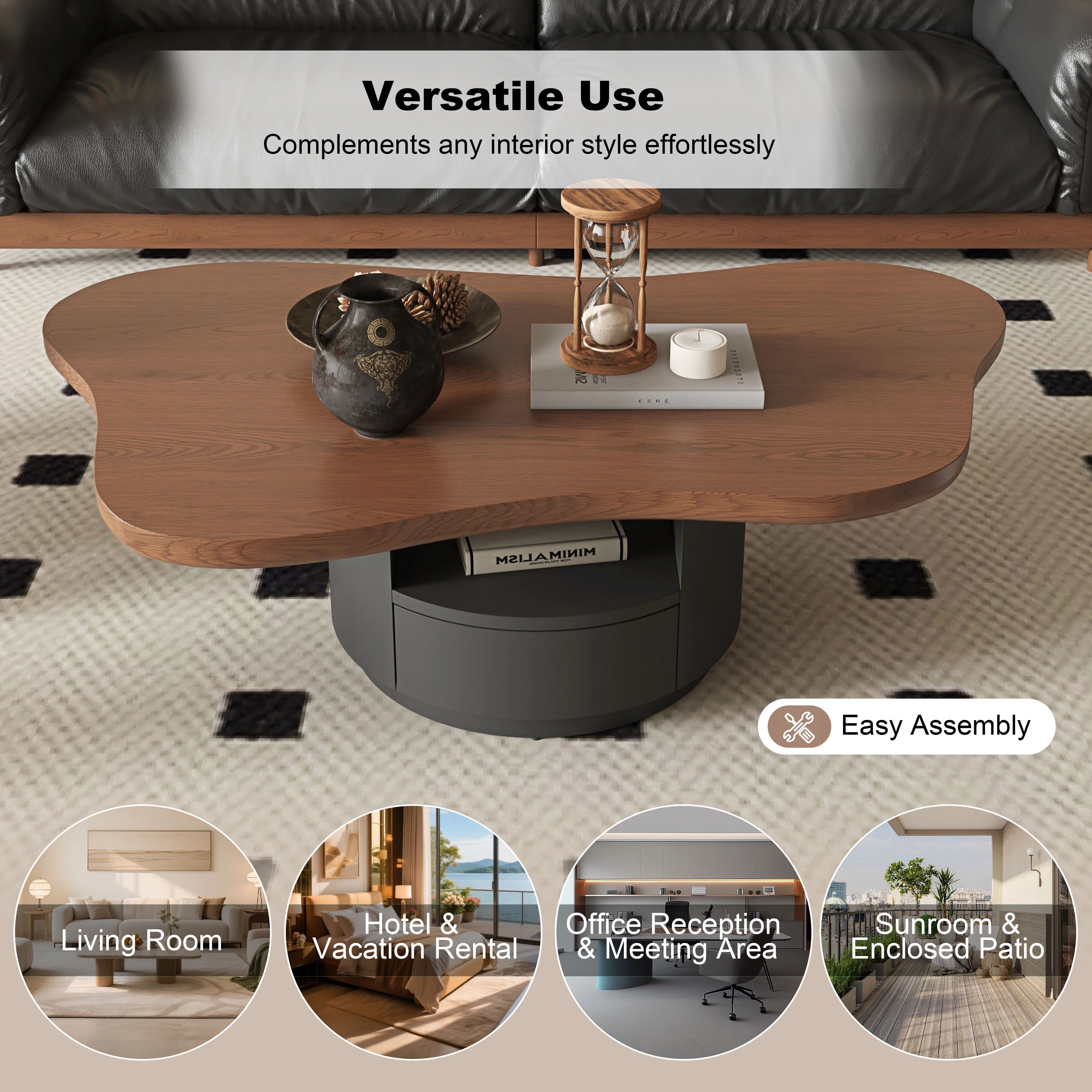 Euroco 47.24" Cloud Coffee Table with 2 Drawers, Mid-Century Modern Irregular Center Table with Storage Base for Living Room,Walnut
