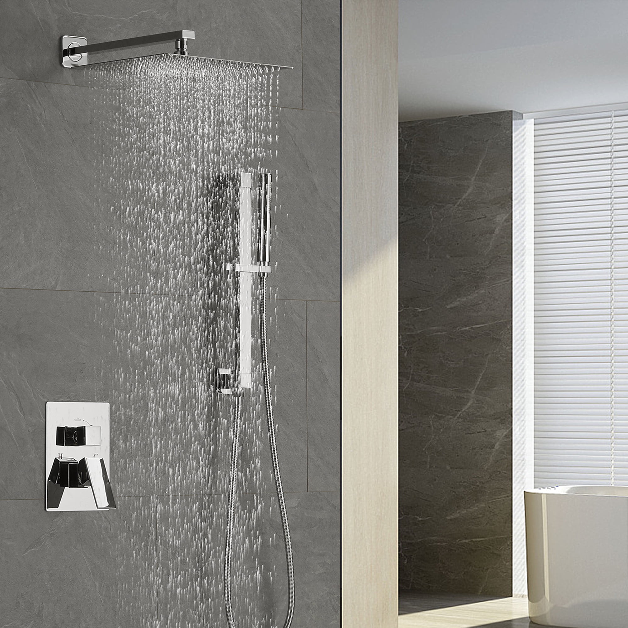 BESy 12 inch Polished Chrome Shower System Rain Shower Head with 2 in 1 Handheld Shower, Rainfall Shower System with Adjustable Slide Bar, Shower Faucet Fixture Combo Set