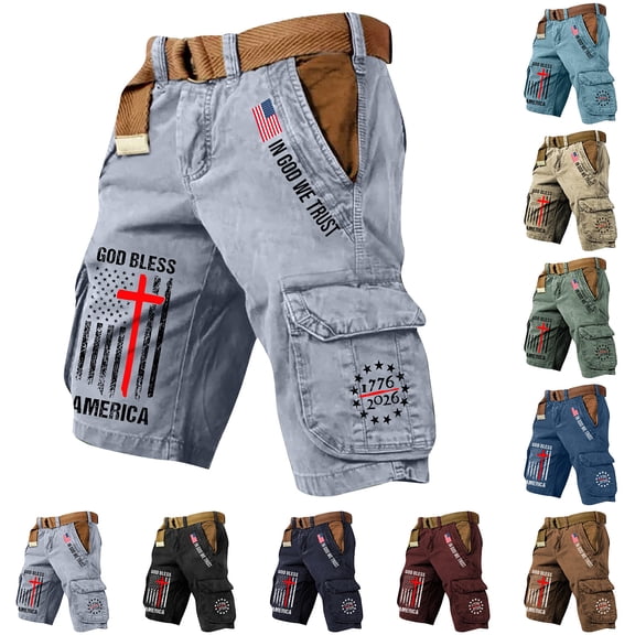 Us 250th Anniversary God Bless America Cargo Shorts with Cross Flag Design and Relaxed Fit, Awesome For Church Picnics Memorial Services Army Green L