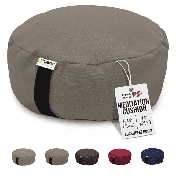 Organic Buckwheat Hulls Round - 14" Zafu Meditation Cushion - Tibetan Style Natural Hemp Zen Yoga Pillow for Floor - Made in USA, Natural