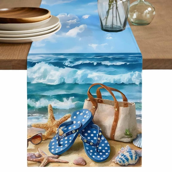 Nautical Coastal Table Runner 36 Inches, Summer Beach Flip Flops Bags Starfish Waves Bed Runner Dresser Scarves Tabletop for Indoor Outdoor Parties/Ceremony/Banquet, 13"x 36"