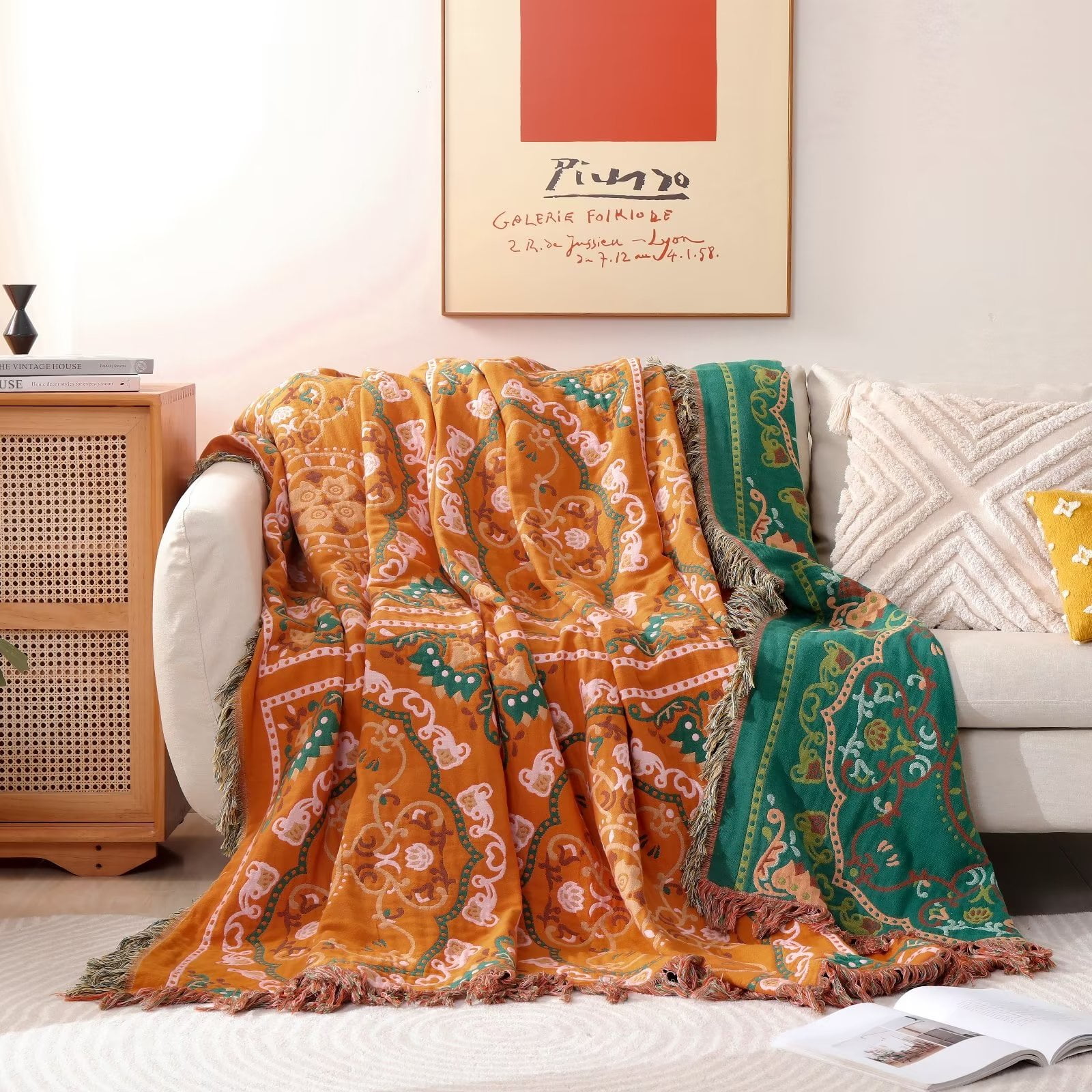 Bedduvit Queen Size Throw Blanket 100 Cotton Orange/Green Bohemian