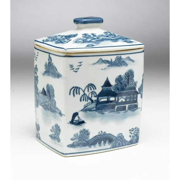 AA Importing 59756 7.5 Inch Blue & White Rectangular Jar