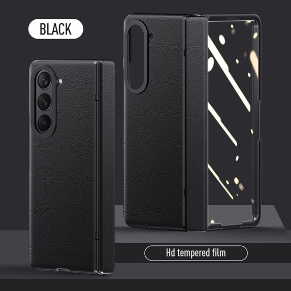 ELEHOLD Rugged Full Body Case for Samsung Galaxy Z Fold 5 5G 2023, Luxury PU Leather Cover with Tempered Glass Screen Protector, Hinge Protection Shockproof Case for Samsung Galaxy Z Fold 5, Black