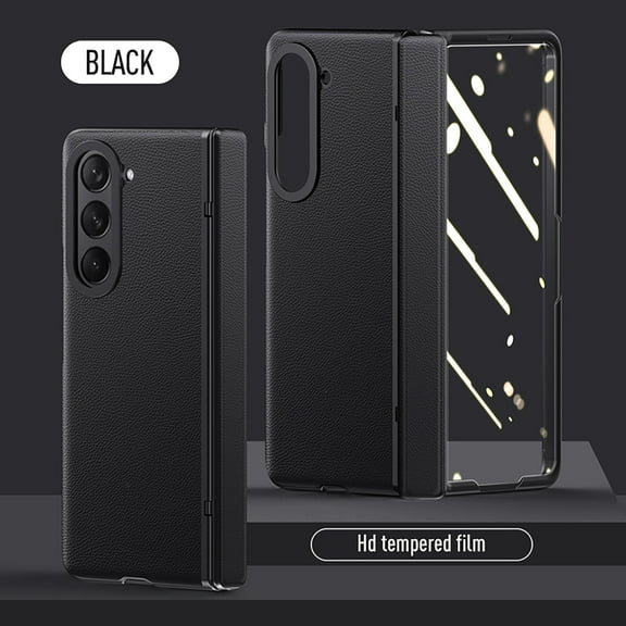 ELEHOLD Rugged Full Body Case for Samsung Galaxy Z Fold 5 5G 2023, Luxury PU Leather Cover with Tempered Glass Screen Protector, Hinge Protection Shockproof Case for Samsung Galaxy Z Fold 5, Black