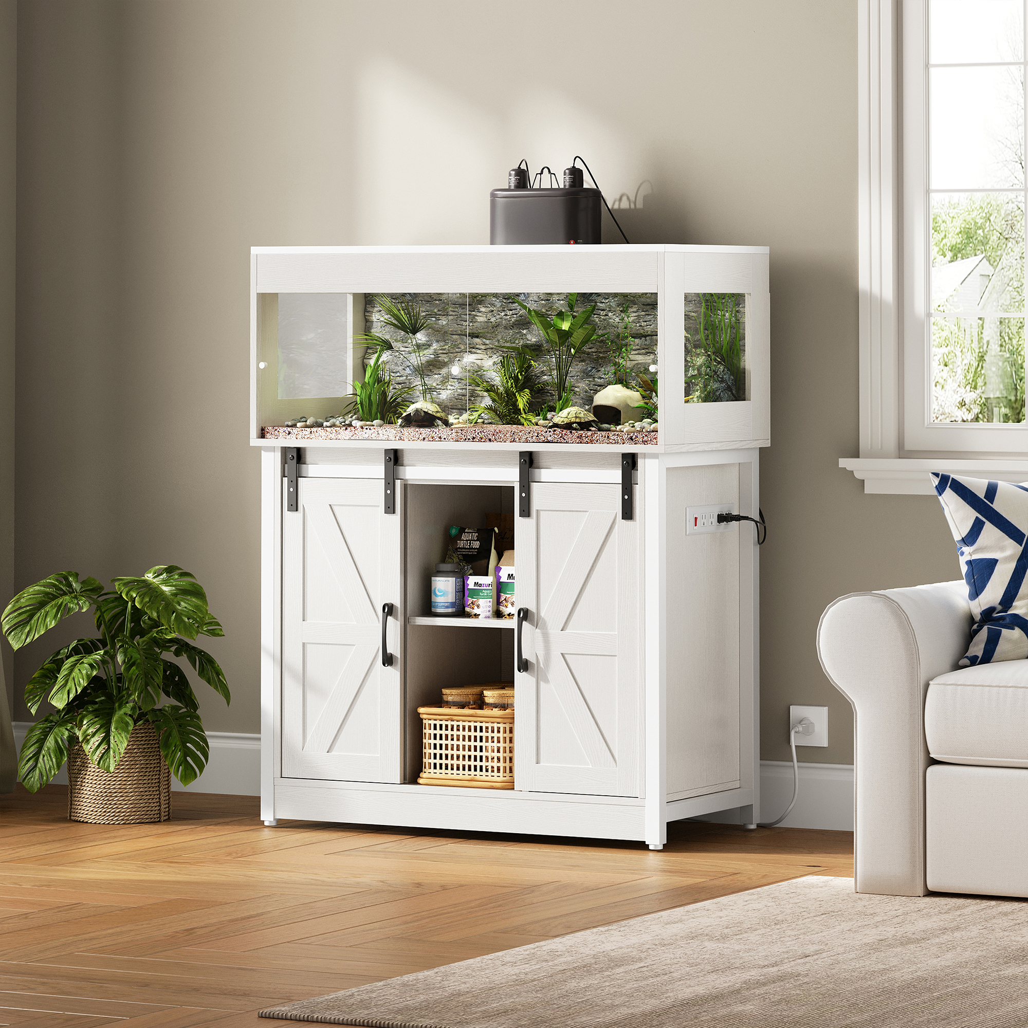 Herture 40 Gallon Reptile Terrarium with Stand, Reptile Tank with Barn Door and Storage, Vivarium with Acrylic Doors, Ventilated Mesh Top & Power Outlet, for Geckos, Lizards, Snakes White PX06RTW