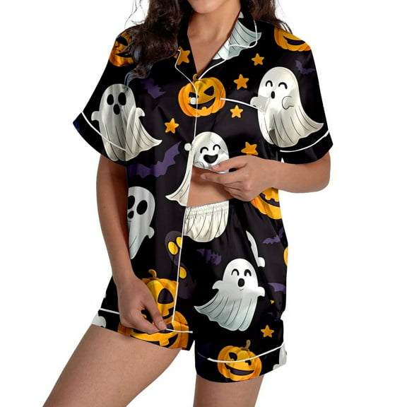 CONFREE Womens Halloween Pajamas Short Sleeve Cartoon Pumpkin Ghost Satin Sleepwear Tops Shorts Hallowmas Pjs For Women Cozy Nightwear