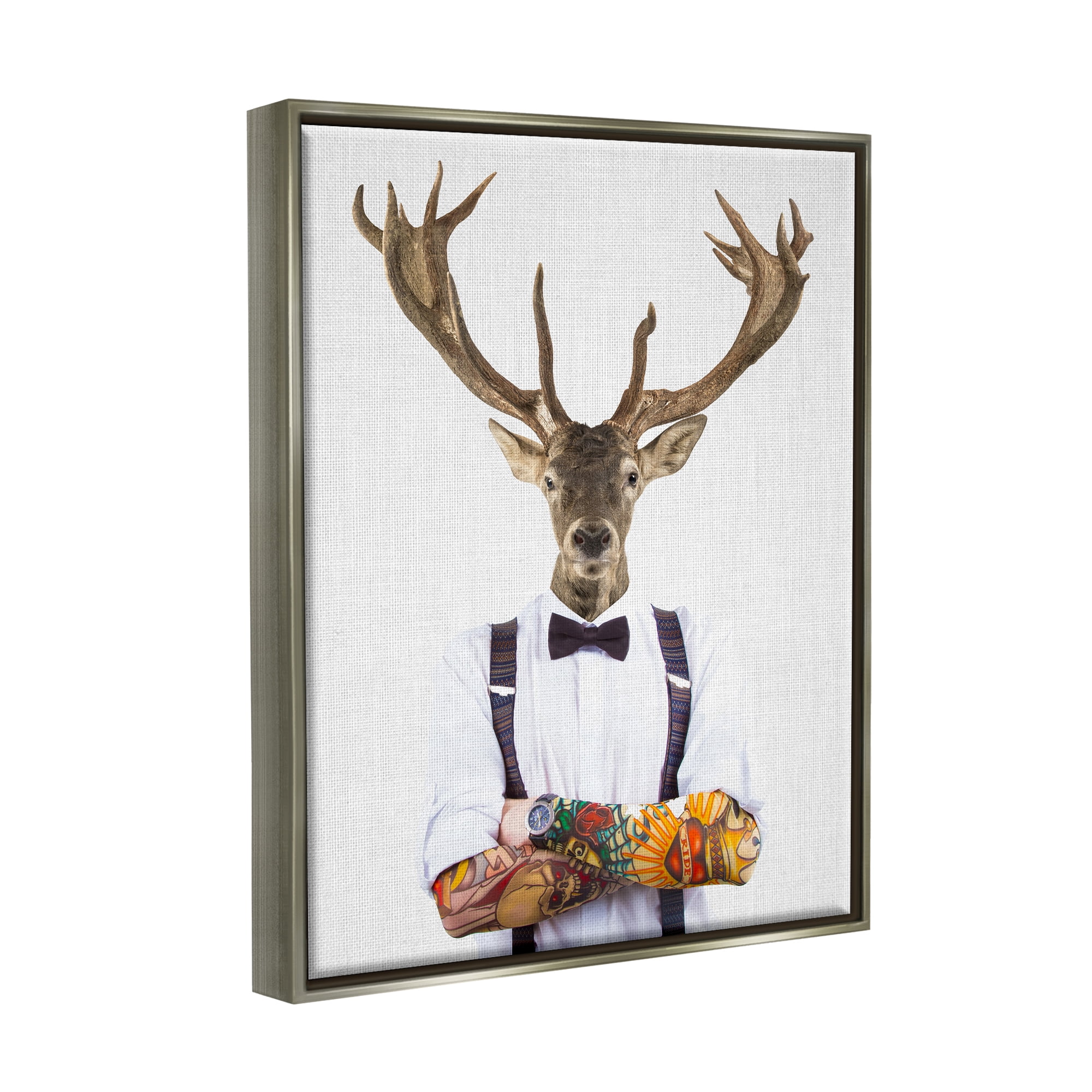 Stupell Industries Tattooed Hipster Deer Antlers Suspenders Bowtie Outfit Luster Gray Framed Floating Canvas Wall Art, 24x30, by Tai Prints