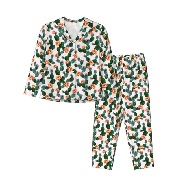 Kdxio Cactuses Print Womens Pajamas Set Button Down 2 Piece Pjs Long Sleeve Oversized Sleepwear with Pockets-X-Large