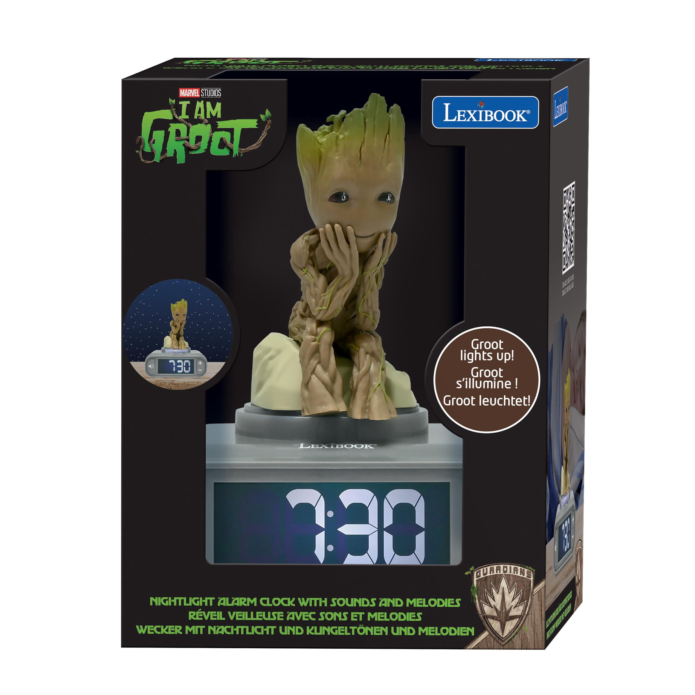 Lexibook, Marvel Guardians of the Galaxy, Groot Nightlight Alarm Clock, Sounds and Melodies, Backlit LCD Screen, Illuminated, Snooze, Grey/Brown