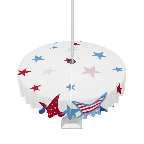 Fsddascl 4th of July Outdoor Tablecloth - 60 Inch Round Dining Table Cover, Patriotic Independence Day Blue Red Star Waterproof Outdoor Table Cloth with Umbrella Hole & Zipper for Picnic/Patio/Party