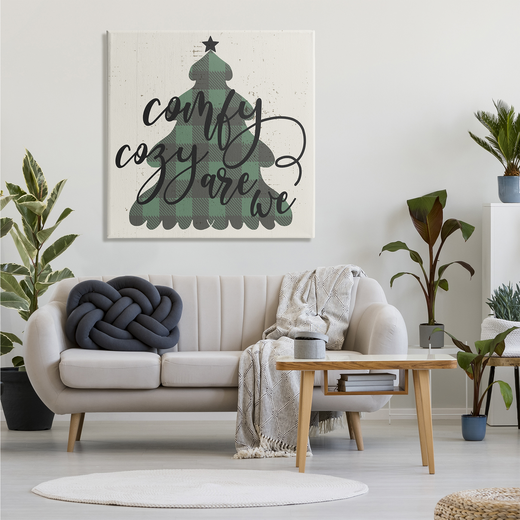 Stupell Industries Comfy Cozy Are We Quote Plaid Christmas Tree Inspirational Painting Gallery Wrapped Canvas Print Wall Art, 36 x 36